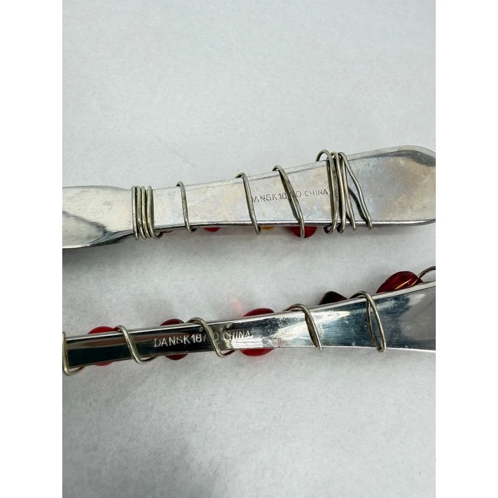 Wire Wrapped Beaded Fork & Knife Appetizer Flatware Set Red Elegant Tableware
